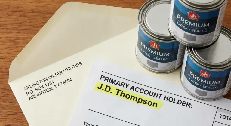 Arlington, TX water bill and paint cans prepared for drop-off at the Environmental Collection Center.