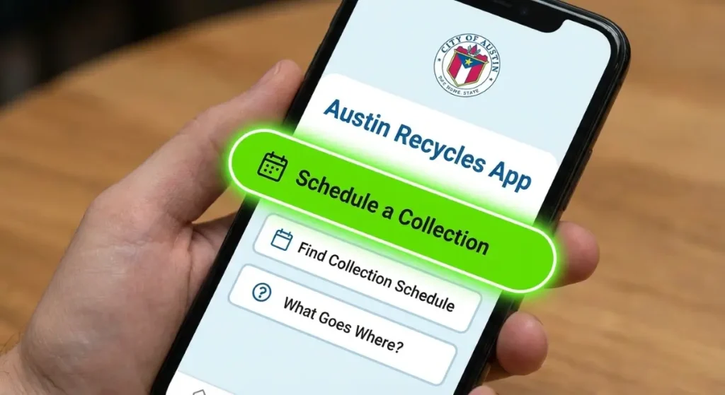 Austin Recycles App interface and the Recycle & Reuse Drop-off Center entrance signage for paint disposal in Austin, TX.
