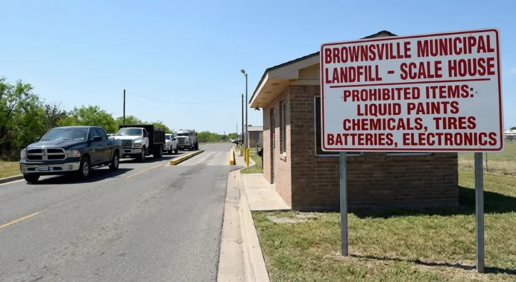 Brownsville MSW Landfill entrance and scale house for resident waste disposal.