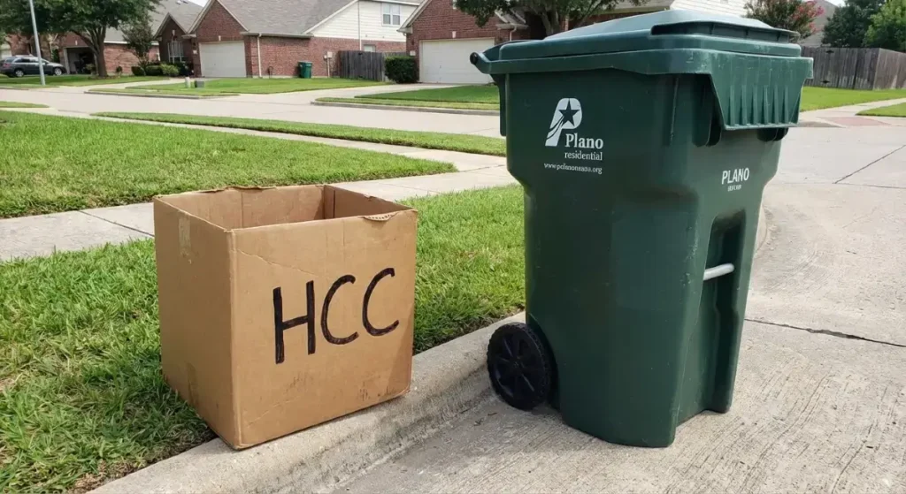Correct curbside setup for Plano Household Chemical Collection (HCC) showing the marked box and required clearance from trash carts.