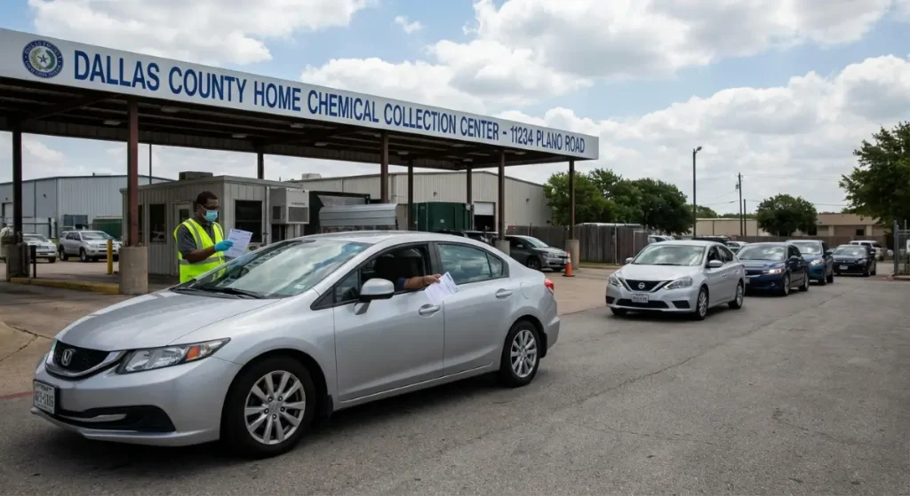 Resident check-in at the Dallas County Home Chemical Collection Center for Garland paint disposal