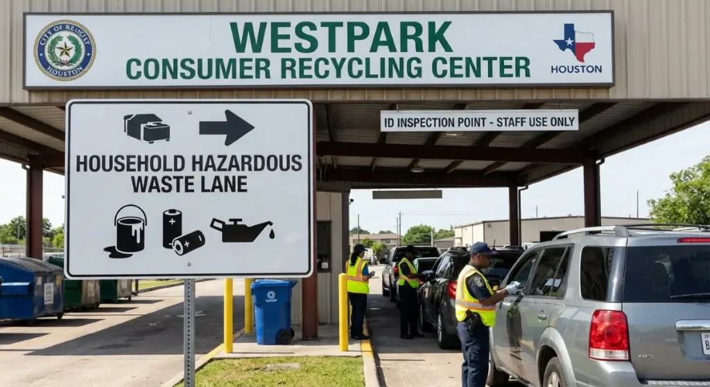 Entrance of Westpark Consumer Recycling Center in Houston, TX showing signage for residential paint and hazardous waste disposal.