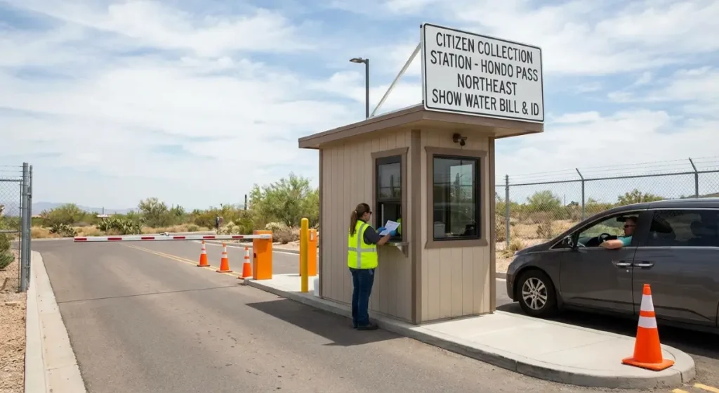 Entrance to El Paso Citizen Collection Station showing the checkpoint for ID and water bill verification.
