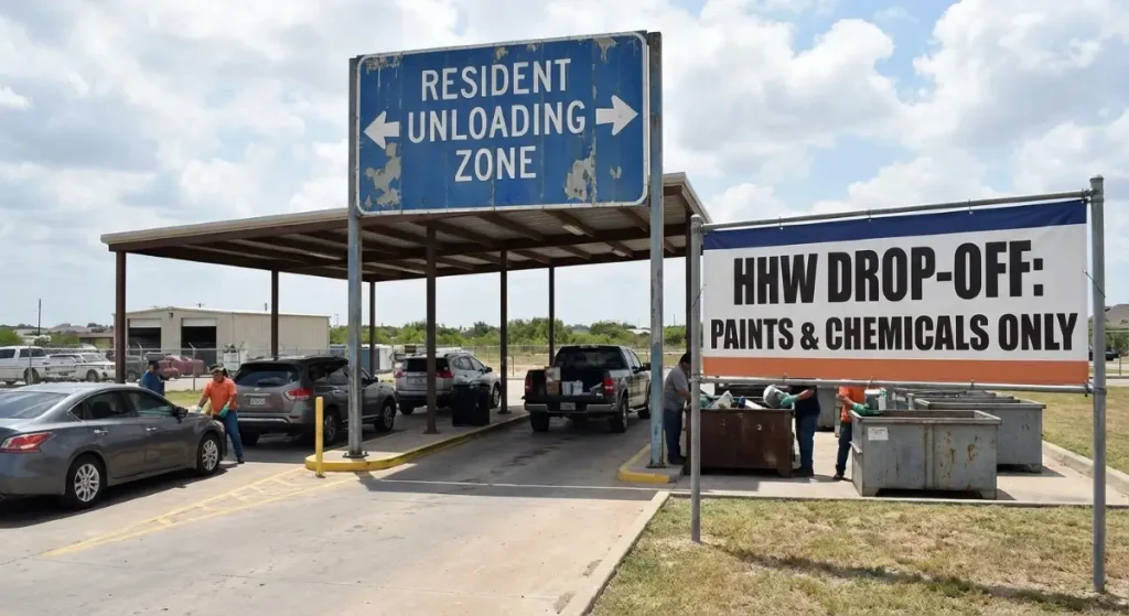 Household Hazardous Waste drop-off area at the Laredo City Landfill for paint and chemical disposal