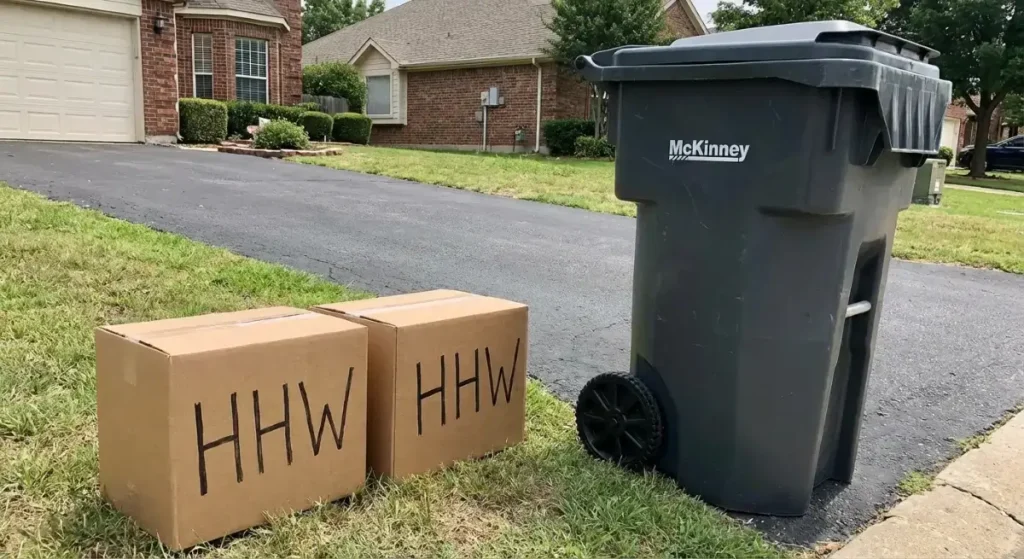 Correct curbside placement for McKinney Household Hazardous Waste (HHW) pickup showing 3-foot clearance.