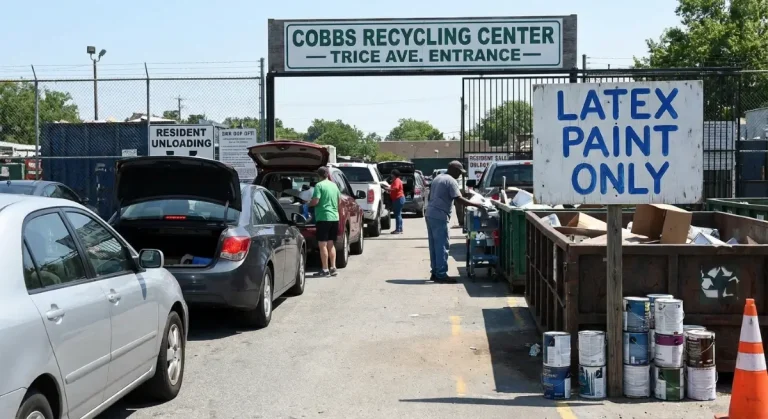 Resident drop-off area at Cobbs Recycling Center in Waco for latex paint disposal.