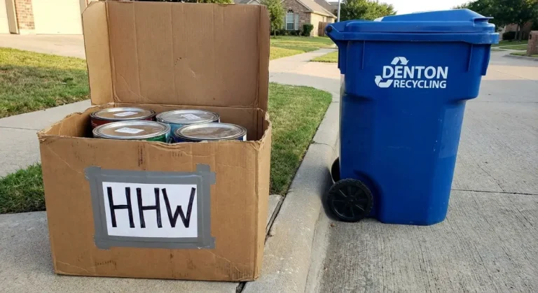 Correct curbside placement for Denton Home Chemical Collection (HCC) showing the required 4-foot clearance