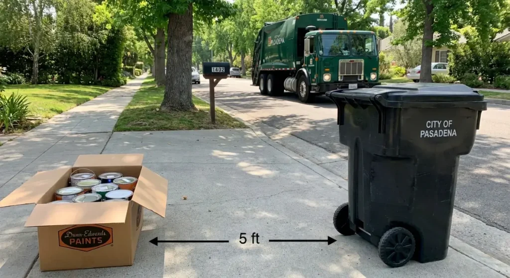 Correct curbside setup for Pasadena Household Hazardous Waste (HHW) collection.