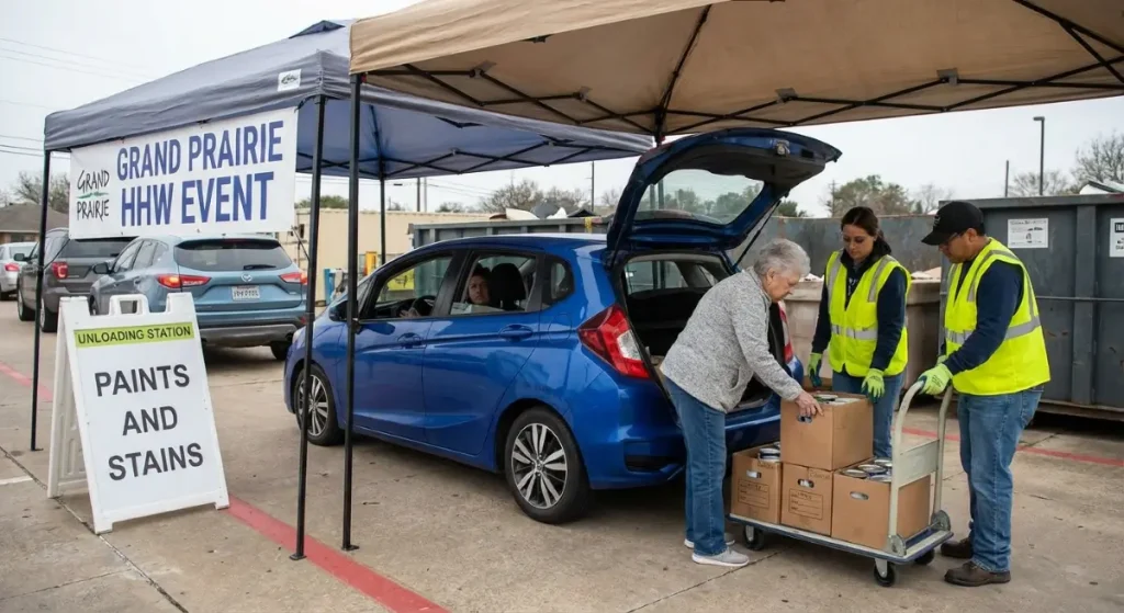 Resident dropping off paint at a Grand Prairie Household Hazardous Waste collection event.